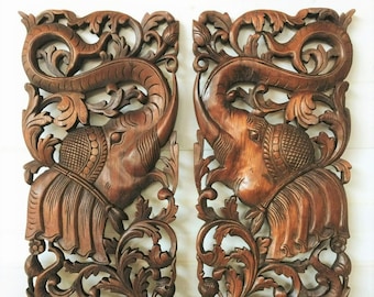 Teak Wood Elephant Carving Panels: Handcrafted Thai Wall Decor (Set of 2, 35x90cm