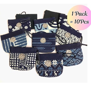 Mixed Pattern Indigo Cotton Wallet Keychain Pack - 10 Stück, Nordthailand Handwerk, handgefertigte Geldbörse, Thai Souvenir,