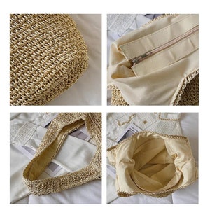 May include: A close-up of a woven straw tote bag. The bag is a light tan colour and has a rectangular shape. The interior is lined with a beige fabric and has a zip closure. The bag has a woven handle.