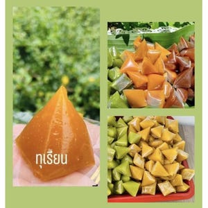 May include: A collage of images featuring a variety of wrapped, pyramid-shaped desserts. The desserts are in shades of orange and green, with one image displaying the Thai word "ทุเรียน". The background is a mix of green foliage and a red tray.