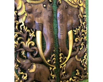 Arte de parede de elefante em madeira de teca feita à mão: painel esculpido tailandês (conjunto de 2)