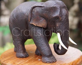 Hand Carved Teak Wood Elephant Figurine: Thai Home Decor