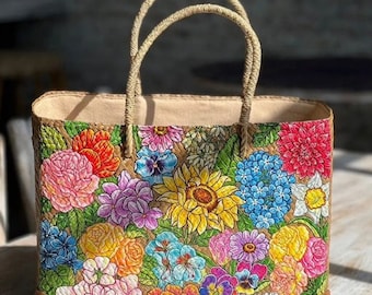Hand-Embroidered Krajood Tote: Thai Floral Bag, Natural Fiber