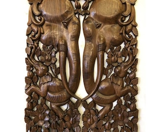 Arte de parede de elefante em madeira de teca: decoração boho esculpida à mão, conjunto de 2