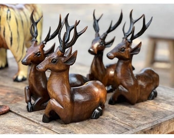 15" Rustic Wooden Deer Pair | Natural Wood Carving Figurines | Handmade Deer Couple Gift for Home | Price Per Pair