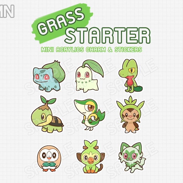 PKMN Mini Acrylic Keychain - Bulbasaur, Chikorita, Treecko, Turtwig, Snivy, Chespin, Rowlet, Grookey, Sprigatito - Pokemon Grass Starter