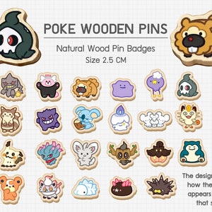 Poke Wooden Pins Series1 - 1Inch Natural wood pin badges - Ghost Type - Normal Type - Pincurchin, Pyukumuku, Snom