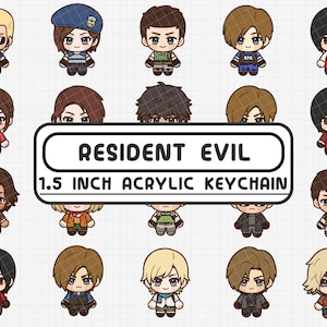 Puede incluir: Una colección de veinte ilustraciones de personajes estilo chibi dispuestas en una cuadrícula, con una etiqueta rectangular blanca central con el texto negro RESIDENT EVIL 1.5 INCH ACRYLIC KEYCHAIN. Cada personaje tiene cabello, ropa y rasgos faciales distintos.