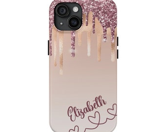 Personalisierte Name tropfende Rose Gold Glitter Handyhülle für Samsung, Google Pixel, iPhone 15 Pro Max 14 13 12 11 7, 8, X