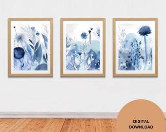 Boho Botanical Print Set of 3, Blue Gallery Wall art, Pastel Blue Wild Flowers Printable Art, Abstract Line Watercolor Floral Home Decor