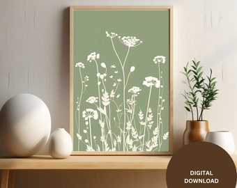 Boho Botanical Print Wall Art, Green Gallery Wall Art, Sage Wild Flowers Printable Art, Abstract Line Watercolor Floral Home Dorm Decor Art