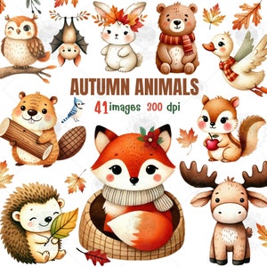 autumn animal watercolor clipart, Fall clipart, woodland animal, happy fall clipart, baby animal clipart, Autumn woodland, gifts for autumn