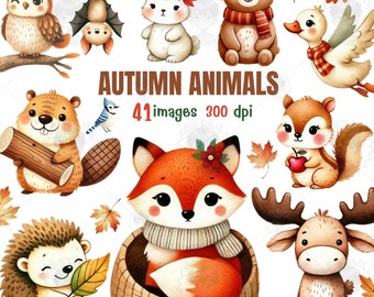 May include: A set of 41 watercolor illustrations of cute autumn animals. The animals include a fox, squirrel, beaver, hedgehog, moose, owl, bunny, bat, goose, and bear. The illustrations are perfect for creating fall-themed crafts, cards, and other projects.