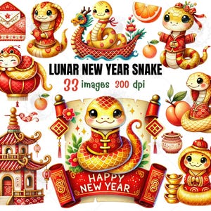 Lunar New Year Snake Clipart: Watercolor Zodiac Animals (33 PNG)