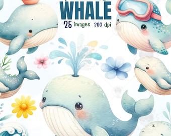 Cute Whale watercolor clipart ,Undersea ,Baby whale Png,nursery decor, baby wall art, cute ocean animals , baby shower ,gift for kids,