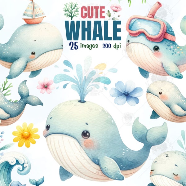 Cute Whale watercolor clipart ,Undersea ,Baby whale Png,nursery decor, baby wall art, cute ocean animals , baby shower ,gift for kids,