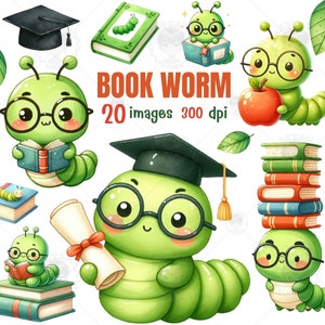 Może przedstawiać: Zestaw 20 cyfrowych ilustracji zielonego robaka książkowego w okularach i czapce absolwenta. Robak książkowy trzyma książki, jabłko i dyplom. Ilustracje idealnie nadają się do tworzenia materiałów edukacyjnych, książek dla dzieci lub innych projektów kreatywnych.