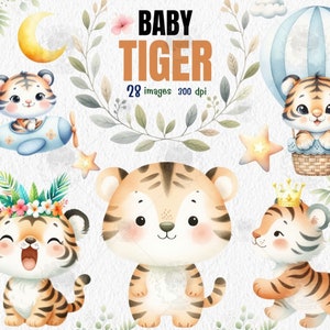 Lindo bebé tigre acuarela clipart, adorable ilustración para niños, clipart de guardería, baby shower de safari, cumpleaños, pequeño tigre