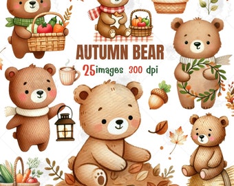 Autumn Bear Watercolor Clipart: Fall Woodland Animals (PNG, PDF)