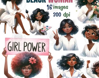 Black Woman Watercolor Clipart: Girl Power PNG Images (Digital Download)