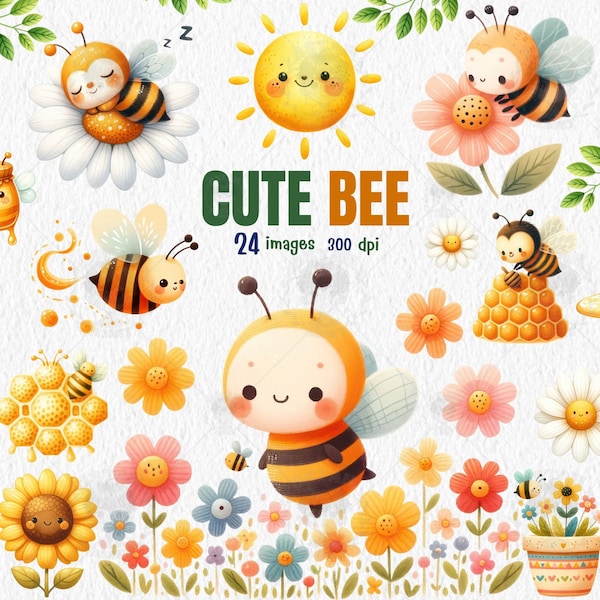 Cute Bee water color Clipart ,Bumble bee Animals decor,png set, Honey Bee with Flower Character png, Spring clipart ,sublimation ,Bee garden