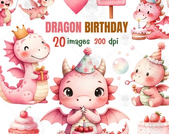 Clipart de acuarela de cumpleaños de dragón rosa: Gráficos de invitación para fiesta (Descarga digital)