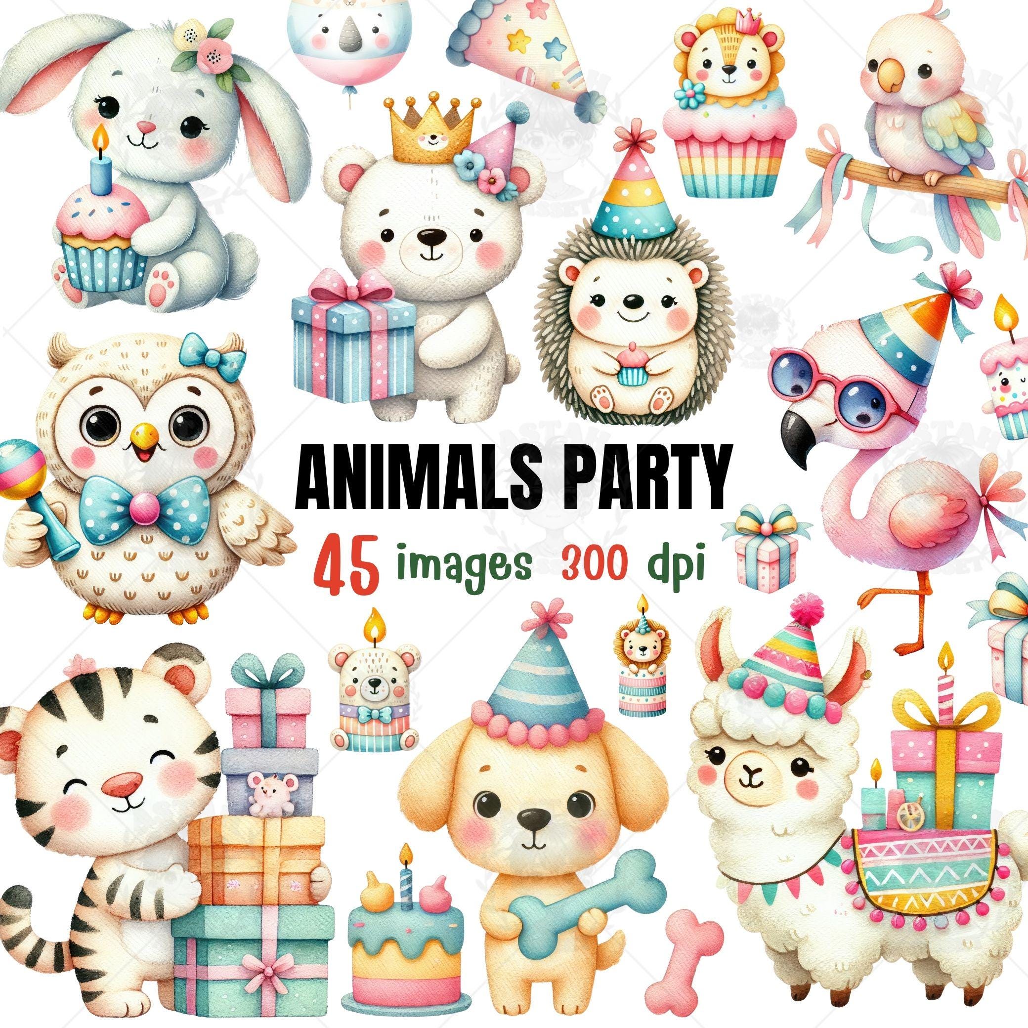 Animals Party watercolor clipart, baby animals clipart ,Birthday Clipart, Birthday Gifts, Nursery Clipart, Baby Shower Clipart, Woodland PNG