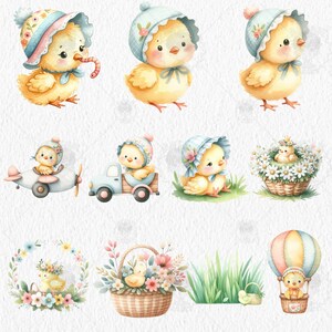 May include: A set of watercolor illustrations featuring cute baby chicks wearing hats and bonnets. The chicks are depicted in various scenes, including flying in a plane, riding in a truck, sitting in a basket of flowers, and flying in a hot air balloon. The illustrations are perfect for Easter crafts, scrapbooking, and card making.