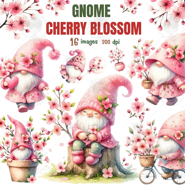 Gnome cherry blossom, Gnome watercolor clipart ,gnome flower PNG,Sakura Flower ,Gnome Spring time ,Valentines gnome,pink,gift for girl,cute