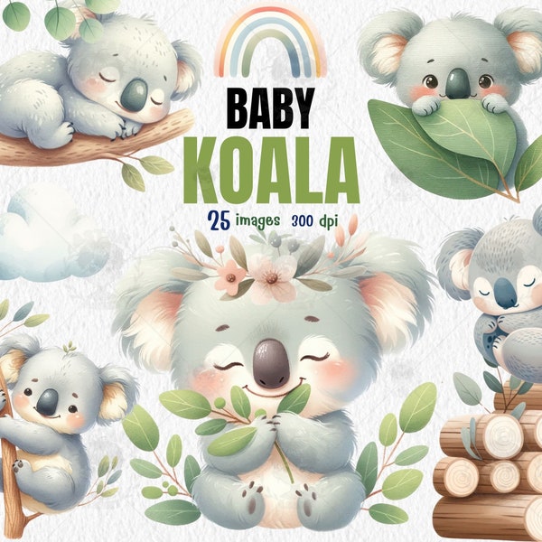 Mignon koala aquarelle clipart png, décoration de chambre de bébé, baby shower, clipart animaux, cadeau pour les enfants, décorations, art mural de la chambre d'enfant