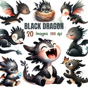 Black dragon watercolor clipart, Baby dragon clipart, Cute dragon PNG, Fantasy clipart, cute animal clipart, Gifts for him, Nursery decor