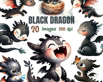 Black dragon watercolor clipart, Baby dragon clipart, Cute dragon PNG, Fantasy clipart, cute animal clipart, Gifts for him, Nursery decor