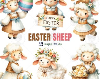 Easter Sheep Watercolor Clipart, Spring Animals PNG (Digital Download)
