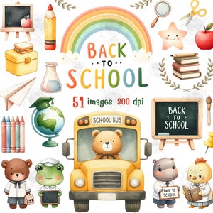 Back to school watercolor clipart, School clipart, Cute animals clipart, Animal Students clipart, Gifts for student, School Supplies Clipart
