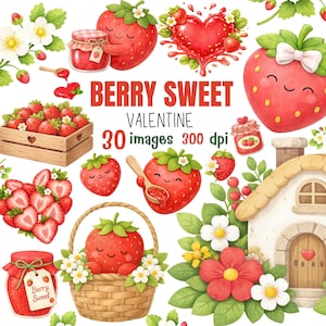 Puede incluir: Ilustración digital con gráficos de fresas. La imagen incluye fresas, una caja de madera de fresas, una fresa en forma de corazón, una cesta de fresas y tarros de mermelada de fresa. El texto dice "Berry Sweet Valentine".