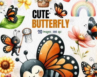 Adorable Butterfly watercolor Clipart, Scrapbooking Digital Art, Cute Insect Graphics for Craft Projects, nursery Png, baby shower, spring