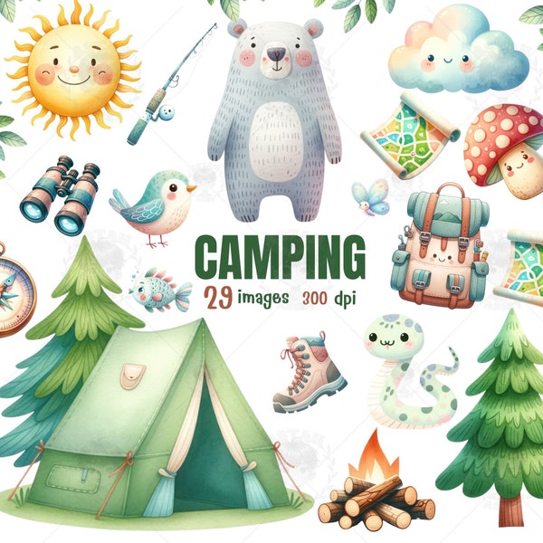 Cute Camping water color clipart ,Camping Forest ,Hiking ,activity for spring , summer , Holiday ,nursery clipart ,outdoor Adventure,kids