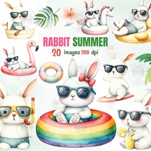 May include: A set of 20 digital illustrations featuring cute cartoon rabbits enjoying summer activities. The rabbits are wearing sunglasses and enjoying activities like swimming, surfing, and relaxing on a flamingo float. The illustrations are perfect for creating summer-themed designs, cards, and crafts.