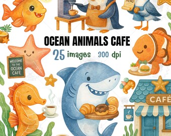 水彩画の海の動物カフェのクリップアート：25種類のPNGデザイン（デジタルダウンロード）