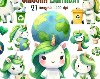 Unicorn Earth Day Watercolor Clipart: 27 PNG Images (Digital Download)