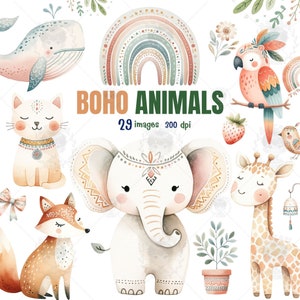 Clipart de animais boho, clipart em aquarela, animais da floresta, chá de bebê boho, clipart de crianças Doodle, arte de parede do quarto do berçário, arco-íris Boho png
