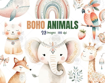 Boho animal clipart, watercolor clipart, Woodland animals, boho baby shower, Doodle kids clipart, Nursery room wall art, Boho rainbow PNG