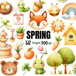 Happy spring watercolor clipart, cute spring Clipart , Spring garden PNG ,Cute animals Clipart ,Spring activities ,nursery Clipart, PNG,Gift