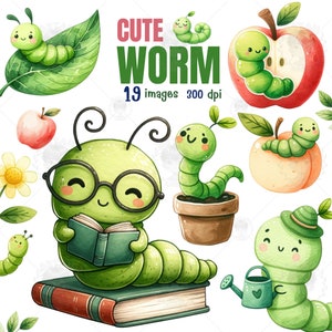 May include: A set of 19 digital illustrations of cute green worms in various poses. The worms are wearing glasses, hats, holding books, and watering plants. The illustrations are in a watercolor style and are perfect for use in digital scrapbooking, card making, and other creative projects.
