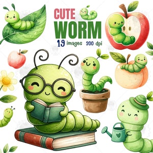 Süßer Wurm Aquarell Clipart, Wormy Png, süßes Raupen Clipart Bundle, Frühling Insekt, Apfel, Bücherwurm, digitale Datei, Kinderzimmer Dekor, Geschenk