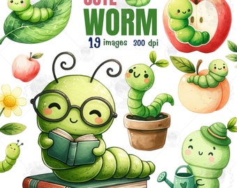 Cute Worm watercolor clipart, Wormy Png, Cute Caterpillar Clipart Bundle, Spring insect ,Apple ,bookworm ,Digital File ,Nursery decor, gift
