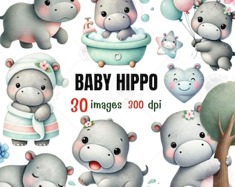 Baby nijlpaard aquarel clipart, kinderkamer kunst (PNG-bestanden)