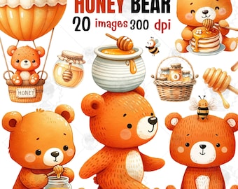 Honey Bear Watercolor Clipart: Nursery Decor, Bee PNG (Digital Download)