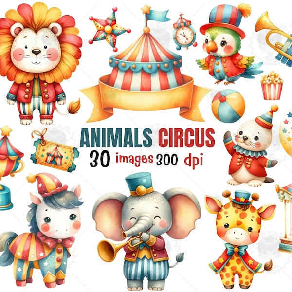 Circus animal clipart, Watercolor clipart, circus animal invitation, Cute animals clipart, elephant clipart, Animals baby shower,circus baby