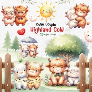 Süßes Paar Highland Kühe Aquarell Clipart, Valentinstag Dekor, Png-Set, Kuh Charakter PNG, Liebe Dekorationen, Hochzeit, Kind,
